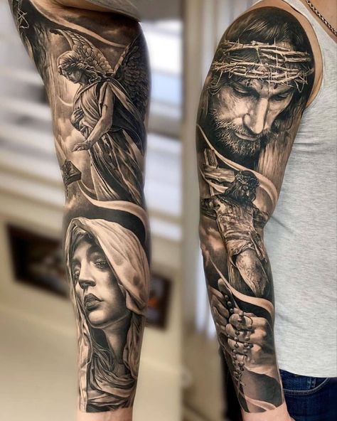 Jesus Tattoo Sleeve, Religious Tattoo Sleeves, Religous Tattoo, Christus Tattoo, Tato Salib, Biblical Tattoos, Christian Sleeve Tattoo, Christ Tattoo, Realistic Tattoo Sleeve