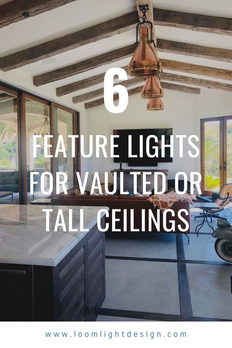 Feature lighting solutions and ideas for vaulted ceilings or tall ceilings. Ideas For Vaulted Ceilings, Ceiling Lighting Ideas, Metallic Ceiling, Kitchen With High Ceilings, Vaulted Ceiling Lighting, High Ceiling Lighting, Vaulted Ceiling Kitchen, Feature Lighting, Pitched Ceiling