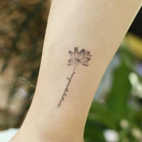 Lotus Flower with Stem Lotus Best Friend Tattoo, Lotus Flower With Words Tattoo, New Beginning Lotus Tattoo, Breathe Flower Stem Tattoo, Lotus Flower Tattoo Dainty, Lotus Flower Name Tattoo, Lotus Flower Tattoo With Words As Stem, Lotus With Words Tattoo, Water Lily With Stem Tattoo