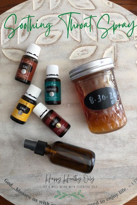 Homemade Sore Throat Spray - Happy Healthy Oily Sore Throat Spray Essential Oils, Theives Oil Throat Spray, Thieves Throat Spray Recipe, Essential Oil Sore Throat Spray, Essential Oil Throat Spray, Diy Throat Spray, Throat Spray Essential Oils, Young Living Sore Throat, Essential Oils Strep Throat