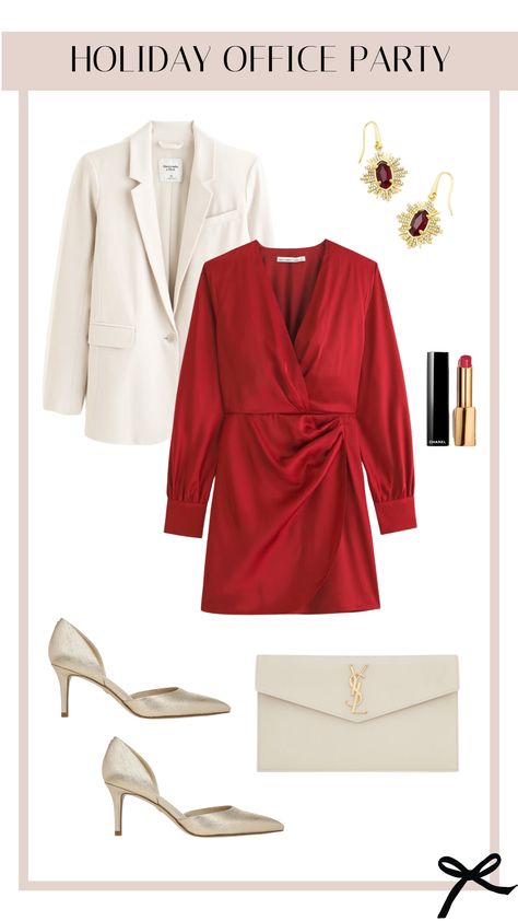 The perfect outfit idea for a holiday work party! This red dress, blazer, and heels are a classic look that would be cute for your office holiday event! To make it even more festive, switch the pumps out for ones with a little sparkle and add statement earrings. I love this beautiful blazer which can be worn again for a business meeting. What to wear to a holiday office party for a stylish, yet festive look. Red Dress Holiday Outfit, Blazer And Dress Outfit Party, Red Wrap Dress Outfit, Sparkle Outfit Party, Wrap Dress Outfit Winter, Red Blazer Outfit For Work, Holiday Office Party Outfit, Holiday Work Party Outfit, Red Jumpsuits Outfit