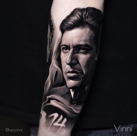 Al Pacino Tattoo, The Godfather Tattoo, Al Pacino The Godfather, Godfather Tattoo, Gangster Tattoo, Al Pacino, The Godfather, Portrait Tattoo, Tattoos