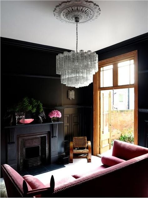 I like to play with the feel of interiors, throwing together things that you might not always think to combine Rosa Sofa, Ball Inspiration, Dark Living Rooms, Black Living Room, Pink Sofa, Dark Walls, Dark Interiors, Style At Home, New Living Room