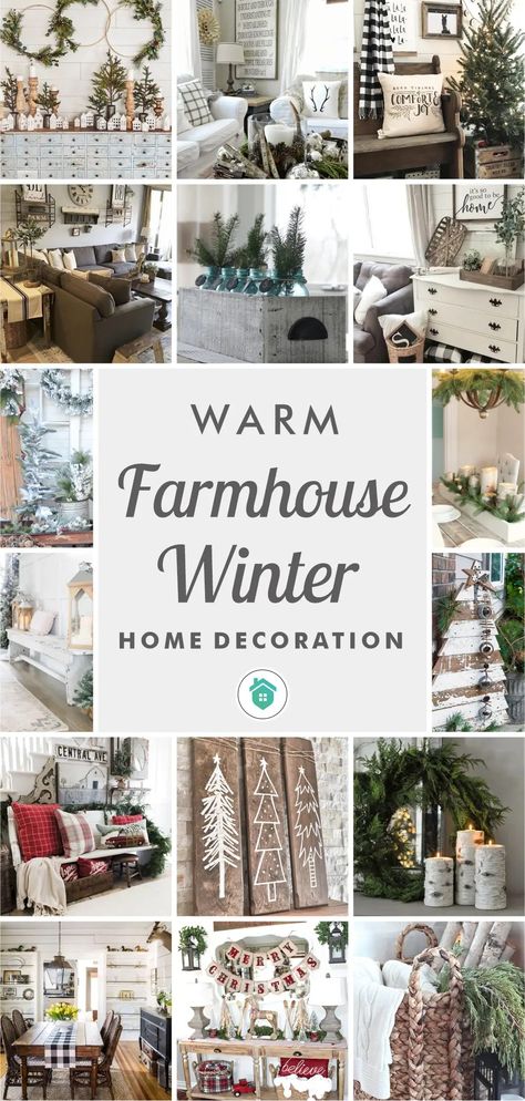 25-warm-farmhouse-winter-home-decoration5 Winter Farmhouse Printables, Winter Entertainment Center Decor, Cozy Winter Living Room Decor Ideas, Winter Cottage Decor, Minimal Winter Decor, Winter Home Decor Ideas, Farmhouse Tablecloth Ideas, Post Christmas Decor Winter, Farmhouse Winter Decor After Christmas