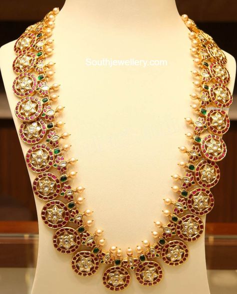 Kundan Long Haram Gold, Butta Mala Haram, Kundan Bottu Mala Designs, Kundan Haram Designs, Kundan Mango Haram Designs, Bottu Haram Designs, Bottumala Haram, Bottumala Designs, Bottu Mala Designs