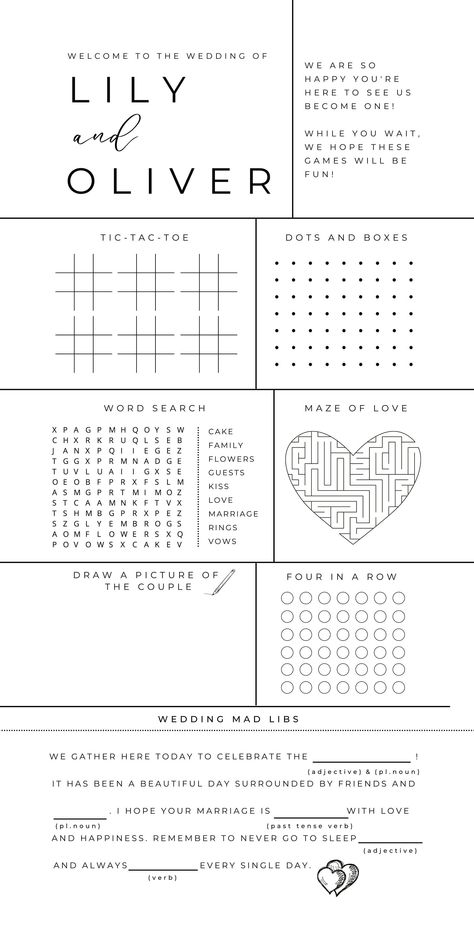 Wedding Arts And Crafts, Wedding Activity Ideas, Fun Wedding Reception Ideas, Template Game, Minimalist Wedding Reception, Reception Games, Wedding Reception Games, Wedding Dinner Menu, Menu Printable