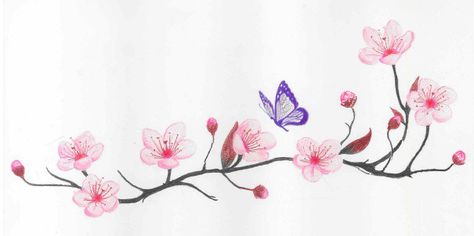 Butterfly Tattoo With Cherry Blossoms, Japanese Cherry Blossom And Butterfly Tattoo, Cherry Blossom And Rose Tattoo, Cherry Blossom Wrist Tattoo For Women, Butterfly Cherry Blossom Tattoo, Cherry Blossom Finger Tattoo, Cherry Blossom Butterfly Tattoo, Cherry Branch Tattoo, Spring Tattoo Ideas