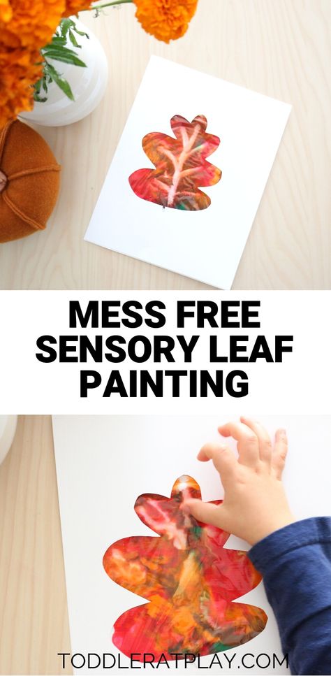 Well I’m sharing with you this super easy and exciting Mess Free Sensory Leaf Painting activity! It’s fairly quick to prep, no fancy materials (though it looks fancy for sure) and kids will have a blast using their fingers to spread the paint making a beautiful, festive Autumn Leaf!  #messfreeactivity #messfreepainting #fallactivity #fallcrafts Sensory Activities No Mess, Fall Leaves Crafts For Infants, Fall Leaf Sensory Bin, Fall Sensory Ideas For Toddlers, Mess Free Finger Painting, Leaves Theme For Toddlers, Leaf Art Toddlers, Infant Crafts For Fall, Leaf Toddler Crafts