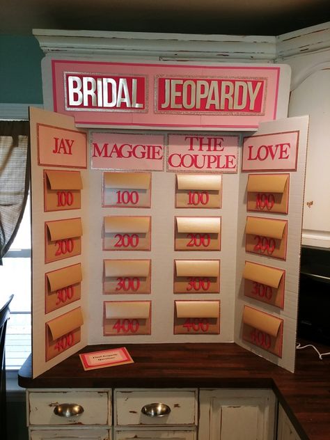 Bridal Jeopardy Board Diy Jeopardy Board, Bachelorette Jeopardy, Bridal Jeopardy Game, Bridal Jeopardy, Bachelorette Inspo, Bridal Party Games, Board Games Diy, I Do Bbq, Wedding Shower Games