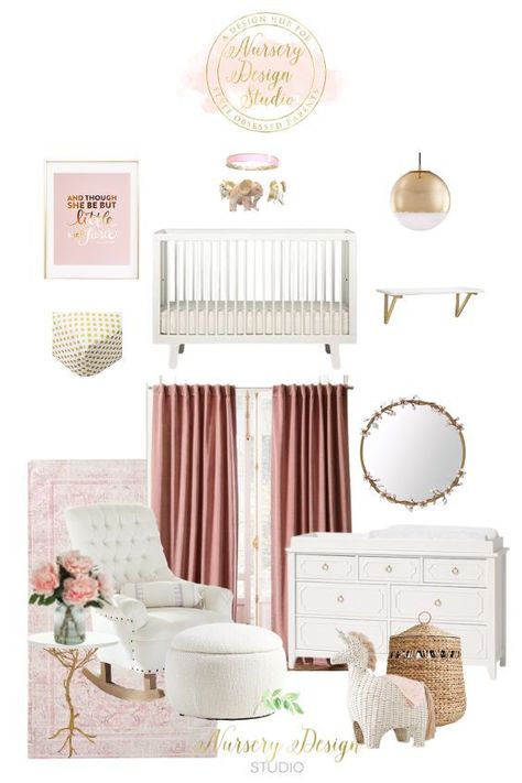 Pink and gold girl's nursery mood board Dusty Rose Nursery, Royal Baby Nurseries, Gold Baby Nursery, Pink And Gold Nursery, Glam Nursery, Pink Gold Nursery, Cream Nursery, Nursery Design Board, Sophisticated Nursery