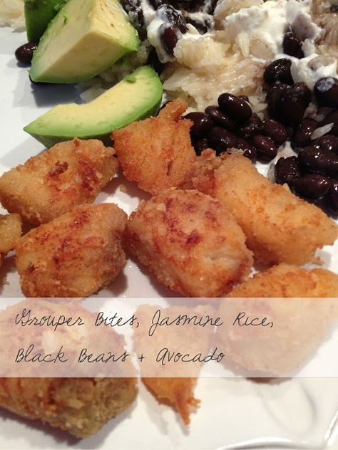 Grouper bites, jasmine rice & black beans Grouper Bites Recipe, Grouper Bites, Rice Black Beans, Black Rice, Carb Meals, Jasmine Rice, The Dinner, Black Beans, Tater Tot