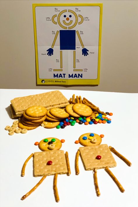 Have you made edible Mat Man with your children? Use graham crackers, pretzel sticks, mini candies, and more!

#WOYC20 #TastyTuesday #MatMan #MatManatHome Pretzel Activities For Kids, All About Me Snack, All About Me Snacks For Preschool, Mat Man Preschool Free Printables, Mat Man Activities Preschool, Learning Without Tears Preschool, Cookie Class Ideas, Woyc Ideas, Mat Man Preschool