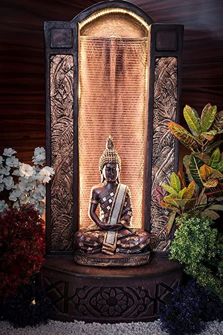 Fountain In Living Room, Living Room Corner Shelf, Buddha Water Fountain, Feng Shui Fountain, Fountain For Home, Water Fountain For Home, Indoor Water Features, Rock Fountain, Home Office Garden