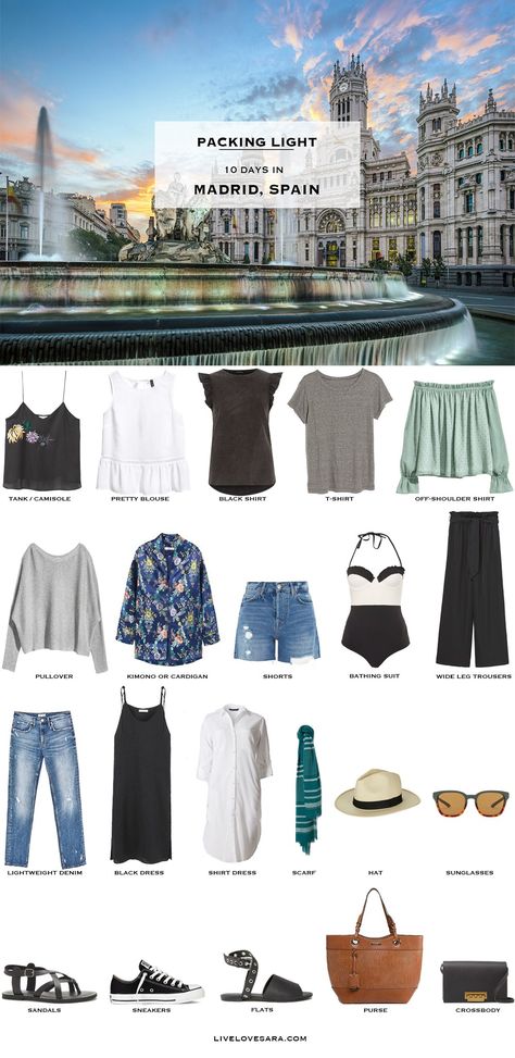 What to Pack for Madrid Spain Packing Light List #packinglist #packinglight #travellight #travel #livelovesara Spain In Summer, Spain Travel Outfits, Holiday Packing Lists, Spain Outfit, Summer Packing, Spain Fashion, Holiday Packing, Travel Capsule, Travel Capsule Wardrobe