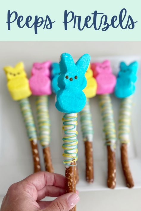 Peeps Pretzels - Leah With Love Chocolate Dipped Peeps, Peeps Kabobs Sticks, Desserts With Peeps, Easter Pretzels, Peeps Party, Easter Pretzel, Chocolate Dipped Pretzel Rods, Pretzels Chocolate, Kabob Sticks