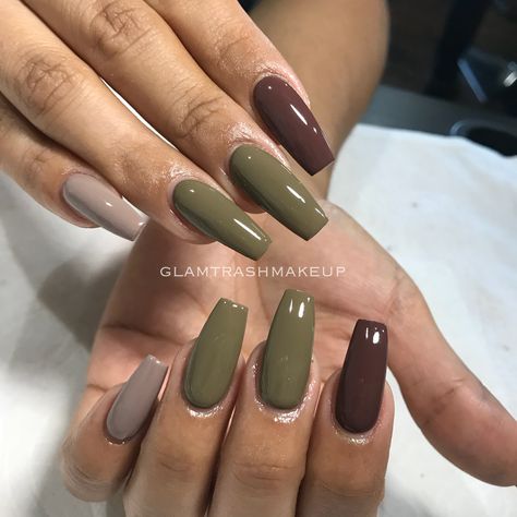 Olive gray brown acrylic coffin square nails Nail Ideas Green And Brown, Nail Inspo Brown And Green, Green Brown Nails Acrylic, Sage Green Nails Coffin Design, Sage Green And Brown Nails Acrylic, Olive Coffin Acrylic Nails, Army Green And Brown Nails, Nails Inspiration Green And Brown, Brown And Sage Green Nails