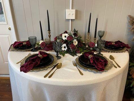 Black And Burgundy Wedding Table, Black White Gold Burgundy Wedding, Black Burgundy Silver Wedding, Black White And Burgundy Wedding Table Settings, Black And Burgundy Sweetheart Table, Black Tablecloth Burgundy Runner, Burgundy Weddings, Gothic Birthday, Table Placement