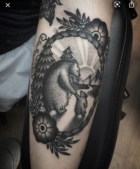 Momma Bear And Cubs Tattoo, Fleshy Art, Bear And Cubs Tattoo, Momma Bear Tattoo, Trashy Tattoos, Tattoo Fancy, Baby Bear Tattoo, Traditional Bear Tattoo, Pirate Ship Tattoos