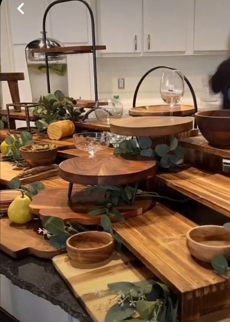 Chauctier Table Ideas, Large Charcuterie Table Display, Layered Food Table Display, Charcuterie Store Display, Elevated Food Display, Round Table Buffet Setup, Grazing Table Serving Size, Fruit Display Ideas For Wedding, Woodland Grazing Table