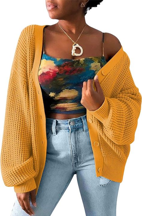 QUALFORT Women's Cardigan Sweater 100% Cotton Button-Down Long Sleeve Oversized Knit Cardigans Mustard Cardigan, Oversized Knit Cardigan, Cardigan Sweaters For Women, Floral Shirt, Cardigan Sweater, Knit Cardigan, Sweater Cardigan, Button Downs, I Want