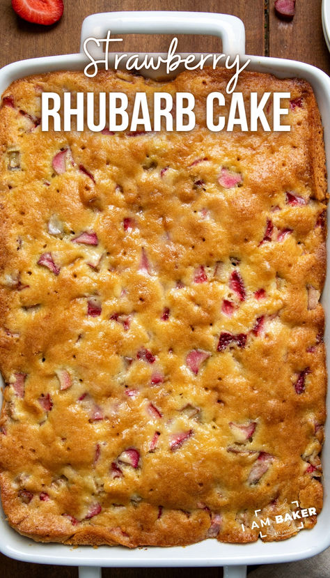 Fresh Strawberry Rhubarb Cake is a soft, moist cake loaded with fresh strawberries and rhubarb, perfect for a summertime treat, dessert, or breakfast cake. I love to have a piece with my cup of coffee! After it is baked, the cake is drenched with a sweet warm milk mixture, which adds more moisture and richness. Strawberry Rhubarb Cake Recipes, Strawberry Rhubarb Cake, Rhubarb Cake Recipes, How To Store Strawberries, Fresh Strawberry Cake, Inside Cake, Banana Cheesecake, Rhubarb Cake, Moist Cake