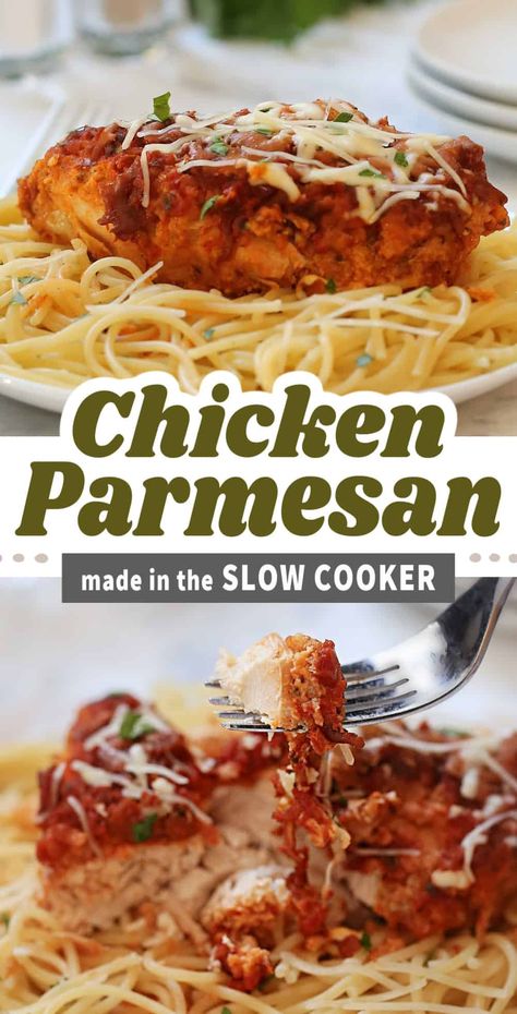 This easy SLOW COOKER CHICKEN PARMESAN is the best weekday dinner recipe. Made in the crock pot with seasoned breaded chicken breasts, marinara sauce, and cheese. Slow Cooker Chicken Parmesan, Crockpot Chicken Parmesan, Bulgar Wheat, Cheese All, Making Chicken, Easy Slow Cooker Chicken, Breaded Chicken Breast, Semi Homemade, Cous Cous