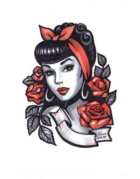 Rockabilly Tattoos, Pin Up Girl Tattoo, Rockabilly Art, Pin Up Drawings, Disney Tattoo, Pin Up Tattoos, Badass Tattoos, Desenho Tattoo, School Tattoo