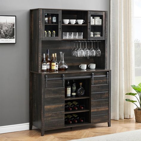 PRICES MAY VARY. 【Farmhouse Bar Cabinet with Sliding Barn Door】Featuring two flexible sliding barn doors, this rustic wine cabinet provides easy access to storage while saving space. The sliding door with farmhouse sign create an elegant, farmhouse ambiance in your living space. Flexibly use it as a alcohol cabinet, kitchen pantry, china cabinet, coffee bar station, microwave stand, kitchen cupboard, credenza, storage cabinet. 【Ample Storage Space】This kitchen cabinet consists of a buffet and up Home Bar Hutch, China Cabinet Coffee Bar, 70’s Kitchen, Rustic Wine Cabinet, Alcohol Cabinet, Kitchen Hutch Cabinet, Rustic Buffet, Coffee Bar Cabinet, Tall Sideboard