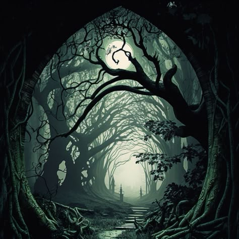 Into The Woods Art, Tree Portal, Forest Portal, Looking Glass Paint, Library Drawing, Facts About Halloween, Magic Portal, Portal Art, Image Composition