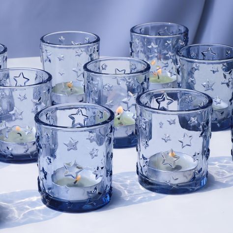 PRICES MAY VARY. [Various Stars Embossed Votive Holder]: star motif with blue glass, the votive holders express sweet feelings at night with her/him, spirit of freedom and bravery on special patriotic holiday, full love on baby/bridal shower [Blue Candle Holder for Winter Decor]: color blue votive candle holders are great holiday ornaments set on fireplace screen, festival gathering table centerpieces, or decorate with fall wreath, table runner, Christmas tree on theme party [Add Rustic Appeal w Royal Blue And Silver Birthday Decor, Midnight Blue Wedding Decor, Blue Christmas Theme Decorating Ideas, Starry Night Party Theme Decoration, Astrology Themed Wedding, Cosmic Party Theme, Blue Sweet Sixteen Decorations, Celestial Party Decor, Blue And Black Party Decorations