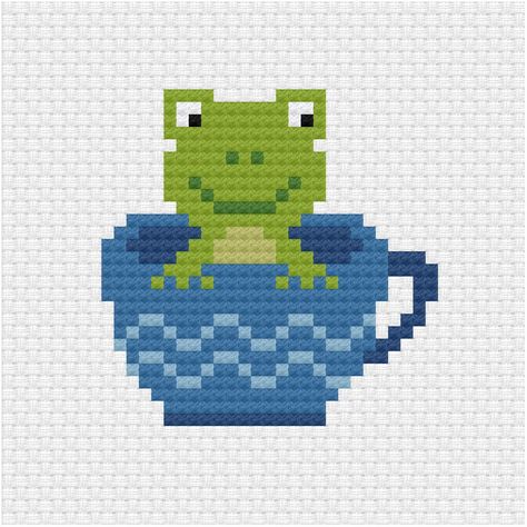 Tiny Frog Cross Stitch, Tea Cup Cross Stitch, Frog Cross Stitch Pattern, Frog Cross Stitch, Cross Stitch Projects Ideas, Cross Stitch Pattern Maker, Graph Crochet, Card Pattern, Easter Cross