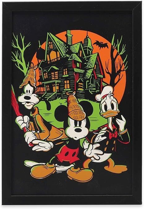 Amazon.com: Open Road Brands Disney Mickey Mouse and Friends Haunted House Framed Wood Wall Decor - Vintage Disney Halloween Wall Art: Posters & Prints Toy Story Halloween, Mickey Mouse Donald Duck, Star Wars Halloween, Halloween Haunted House, Disney 100, Halloween Men, Halloween Wall Art, Cool Wall Art, Movie Marathon