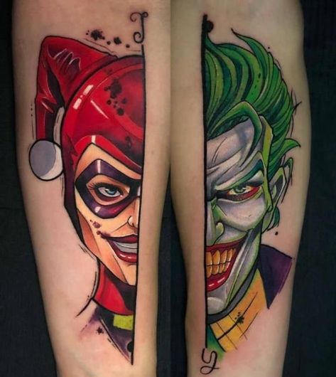 Batman Harley quinn and Joker leg tattoo Harley And Joker Tattoo Couple, Harley Quinn And The Joker Tattoo, Joker And Harley Quinn Tattoo Couples, Harley Quinn And Joker Tattoo, Husband And Wife Tattoos Unique, Haha Tattoo, Joker And Harley Quinn Tattoo, Joker And Harley Tattoo, Tatuaje Harley Quinn