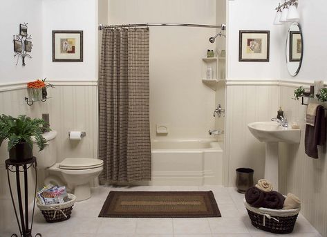 Almond Classic Tub with Smooth Almond Wall Surround and Wainscoting and shower rod | Flickr - Photo Sharing! Almond Bathroom Update, Almond Bathroom Fixtures, Tub Bathroom Ideas, Timeless Bathroom Design, Timeless Bathroom, Tub Bathroom, Transitional Bathroom, Bathroom Remodel Designs, Shower Rod