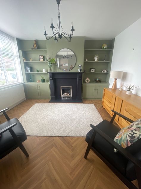 Green Living Room Dark Floor, Living Room Dark Floor, Grey Sideboard, Chill Out Room, Living Room Dark, Herringbone Flooring, Green Living Room, Green Lounge, Room Dark