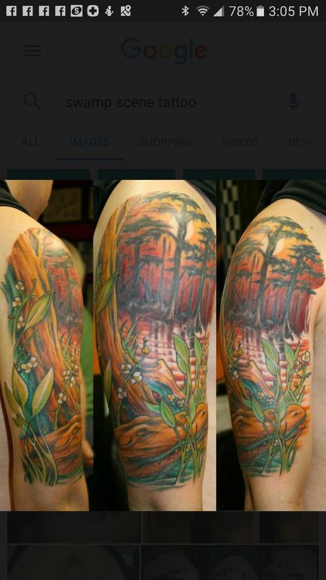 Lousiana swamp tattoo Florida Swamp Tattoo, Bayou Tattoo, Swamp Tattoo Ideas, Swamp Tattoo, Shoulder Tattoo For Men, Louisiana Tattoo, Swamp Theme, Tattoo Mens, Science Tattoos