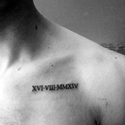 Tiny Roman Numeral Mens Upper Chest Tattoos Roman Numerals Tattoo, Roman Numbers Tattoo, Numerals Tattoo, Datum Tattoo, Design Tatuaje, Faith Tattoo On Wrist, Roman Tattoo, Tato Dada, Roman Numeral Tattoo