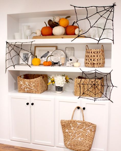 Hot Glue Spiderwebs on White Built-In Shelves Make Perfect Halloween Decor Halloween Built In Shelves Decor, Built In Shelves Decor, Built In Shelf Decor, Crow Silhouette, Shelves Decor, Witch Silhouette, Pick Your Poison, Wood Basket, Being Honest