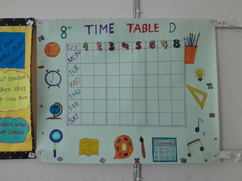 Chart Ideas For Classroom Creative, Class Time Table Chart Ideas, Time Table Chart Ideas, Table Chart Ideas, Chart Ideas For Classroom, Time Table Chart, Cursive Writing Practice Sheets, Table Chart, Ideas For Classroom