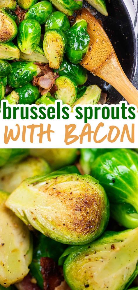 These pan fried Brussel sprouts and bacon make for a  quick low carb side dish. With just 5 net carbs per serving, these are perfect served alongside a steak or some grilled chicken. Plus, adding bacon is the easiest way to get my family to eat their veggies! #keto #lowcarb #bacon Pan Fried Brussel Sprouts With Bacon, Brussels Sprouts And Bacon Recipe, Brussel Sprouts And Bacon, Pan Fried Brussel Sprouts, Brussels Sprouts Recipe With Bacon, Brussels Sprouts And Bacon, Sprouts And Bacon, Sauteed Brussel Sprouts, Low Carb Side Dish