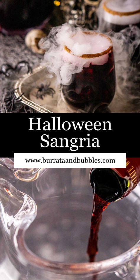 Make the most of spooky season with a big pitcher of this spiced Halloween sangria! Red wine is flavored with orange liqueur, ginger liqueur, cinnamon sticks and fresh fruit and then topped with ginger ale for a bubbly finish. You’ll love that touch of spice to keep you warm and cozy on those cool fall nights, and it takes under 10 minutes to whip up a batch of this perfect party punch. Pitcher Cocktails Fall, Big Batch Sangria, Halloween Sangria Recipes, Spooky Sangria, Sangria Red Wine, Halloween Sangria, Party Nibbles, Pitcher Cocktails, Bubble Recipe