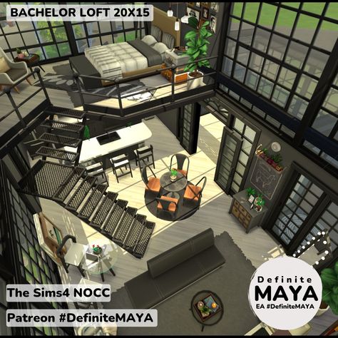 NOCC/ Mod-Free/ Need Packs***Download from EA gallery #DefiniteMAYA *** Support me on Patreon *** Sims 4 Houses Loft, Sims 4 Loft House Download, Sims 4 Loft Download, Sims Studio Apartment, Bachelor Loft, Sims Tips, Sims4 Lots, Loft House Ideas, Cyberpunk Apartment