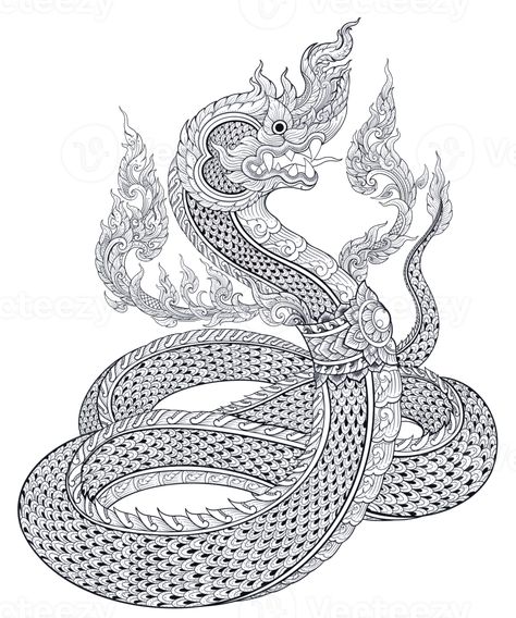 Naga of Doodle in Thai Art Style with Hand-Drawn Line Art in the Religions of Buddhism and Hinduism Naga Dragon Tattoo, Thai Drawing Art, Naga Tattoo Thai, Naga Tattoo, Thai Naga, Phaya Naga, Buddhism Tattoo, Burmese Language, Trad Tattoos