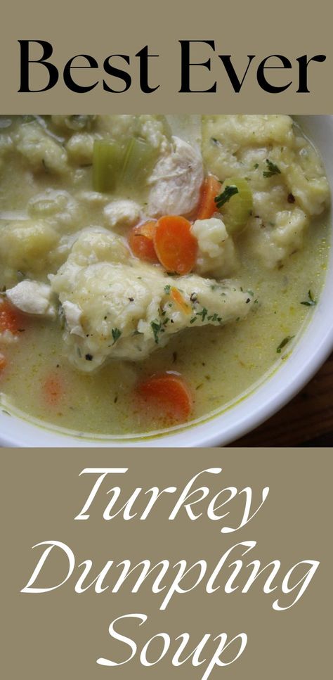 Delicious and easy one pot turkey dumpling soup recipe from Rough and Tumble Farmhouse. Turkey Dumpling Soup Easy, Turkey Soup With Dumplings, Turkey And Dumpling Soup, Turkey And Dumplings Easy, Turkey Dumpling Soup, Turkey Dumplings, Cream Of Turkey Soup, Vegetarian Dumplings, Dumpling Soup Recipe