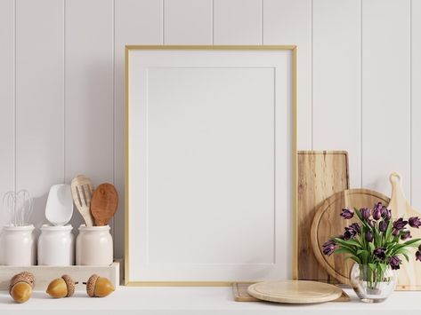 Photo mock up poster frame in kitchen in... | Premium Photo #Freepik #photo #background-mockup #wall #poster-frame #table-display Mock Up Poster Frame, Mock Up Poster, Wall Illustration, Up Poster, In Kitchen, White Wall, Kitchen In, Christmas Pattern, Premium Photo