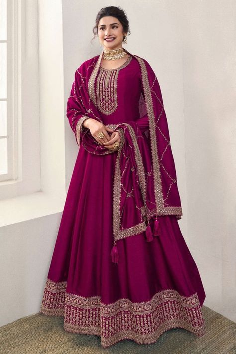 Prachi Desai Magenta Embroidered Silk Anarkali Dress Plus Size Wedding Outfits, Anarkali Dress Indian, Anarkali Bridal, Long Anarkali Gown, Latest Salwar Kameez Designs, Bridal Anarkali, Anarkali Suits Bollywood, Georgette Anarkali Suits, Silk Anarkali Suits