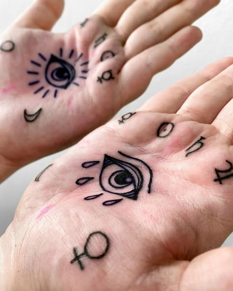 Evil Eye Palm Tattoo, Eyes On Palms Tattoo, Hand Palm Tattoos For Women, Eye Palm Tattoo, Eye Symbol Tattoo, Palm Tattoos For Women, Palms Tattoo, Inner Ankle Tattoos, Hand Palm Tattoos