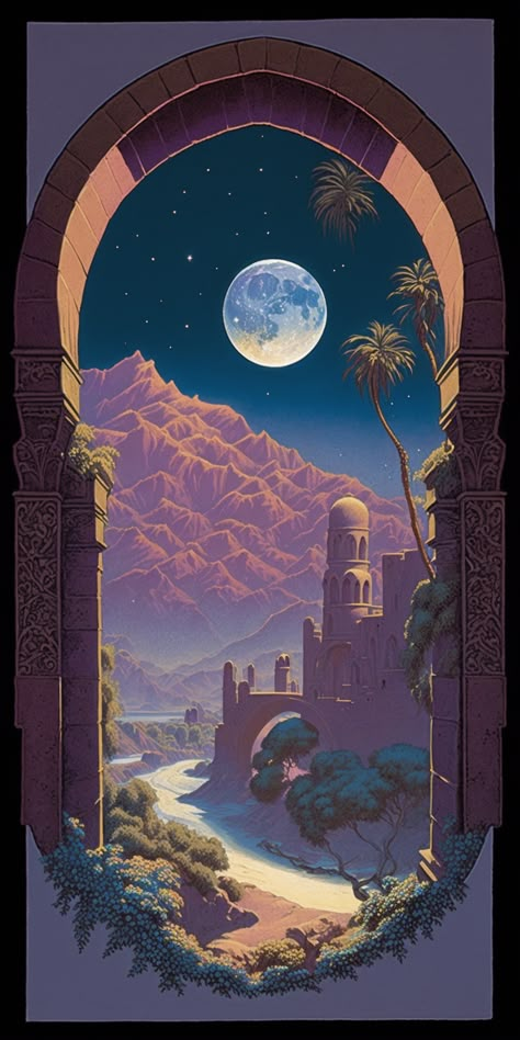 Arabian Night Wallpaper, Arabian Aesthetic Wallpaper, Middle Eastern Wallpaper, Arabian Nights Painting, Arabian Wallpaper, Arabian Illustration, Arabic Wallpaper, Arabian Nights Aesthetic, Mosque Art