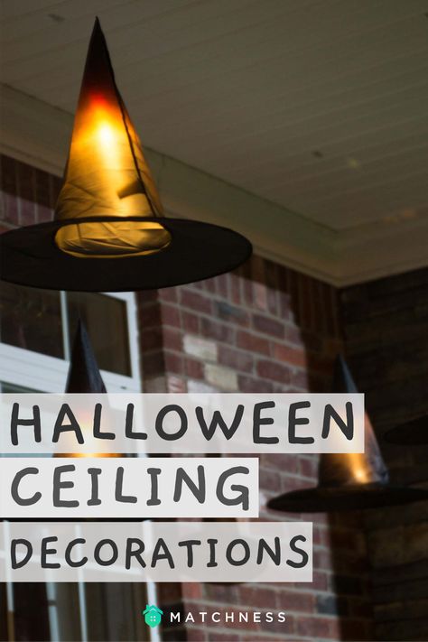 Halloween Decorations Hanging From Ceiling, Halloween Ceiling Decorations Diy, How To Hang Witches Hats From Ceiling, Ceiling Halloween Decorations, Witch Hats Hanging From Ceiling, Halloween Decorations Indoor Ceiling, Halloween Ceiling Decorations, Make A Witch Hat, Halloween Ceiling