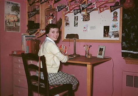 Desk In Room, 1950s Teenagers, 1950s Bedroom, Room Portrait, Sitting At Desk, 1950s Girls, Teenage Room